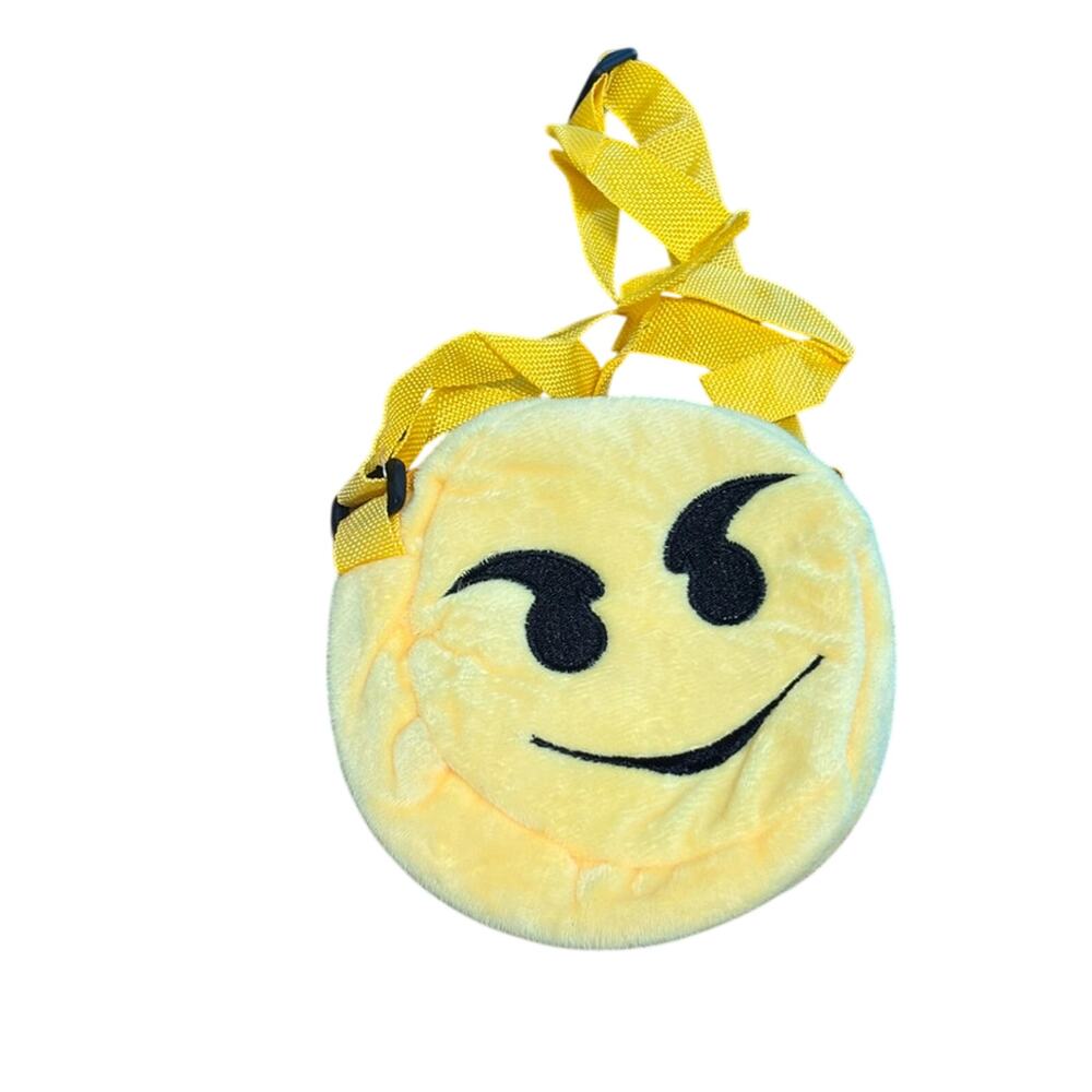 Yellow Mischievous Face Emoji Plush Cross Body Bag Strap New 6”